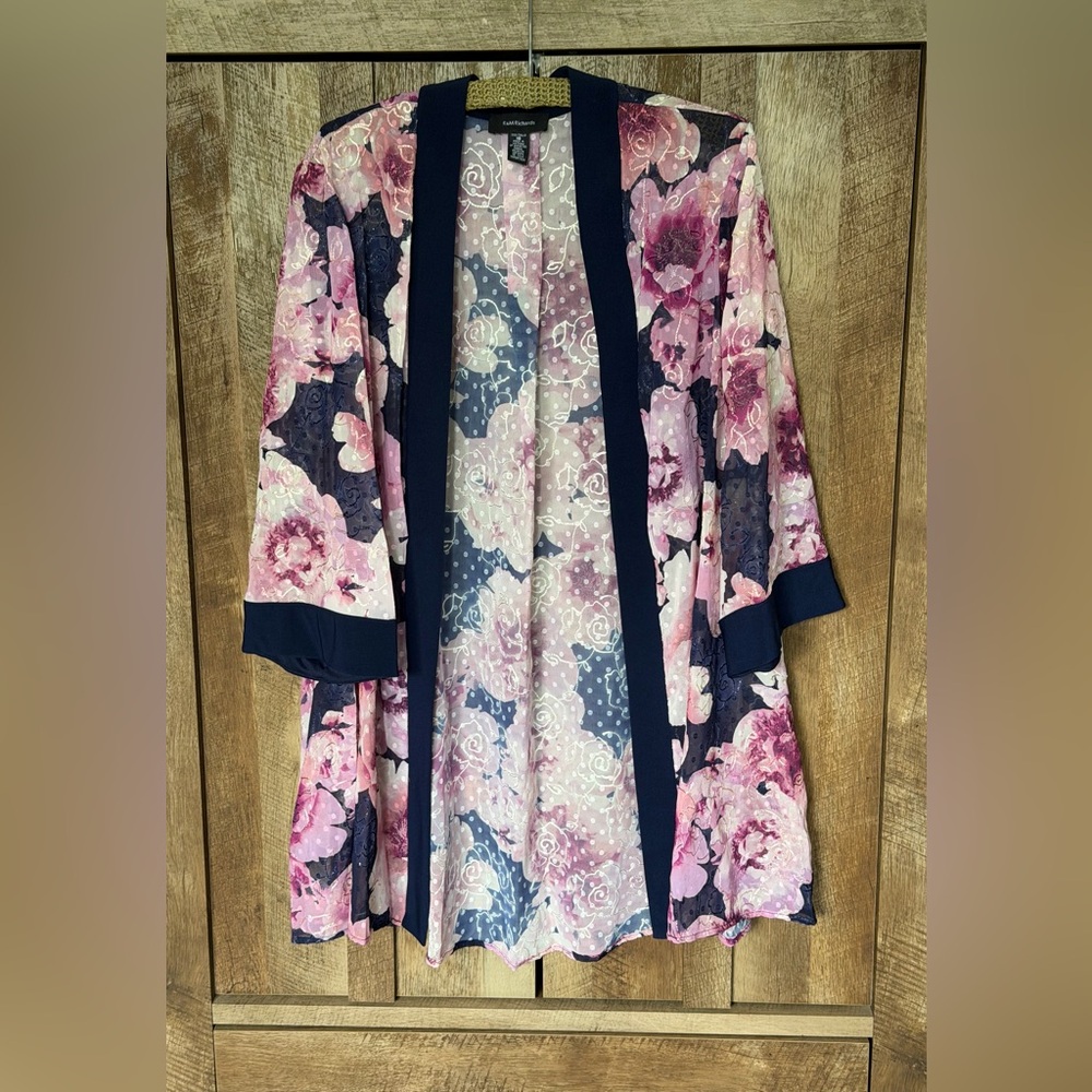 R&M Richards Pink and Navy Floral Kimono Cardigan